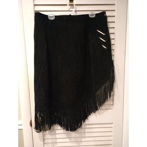 VTG Lariat Leather Skirt Womens Sz M Black Suede Leather Fringe Western USA MADE